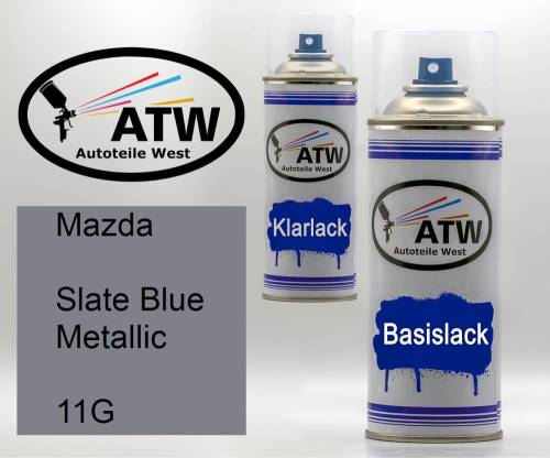 Mazda, Slate Blue Metallic, 11G: 400ml Sprühdose + 400ml Klarlack - Set, von ATW Autoteile West.